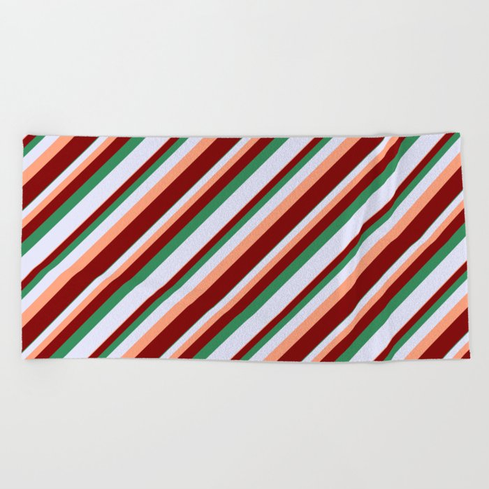 Light Salmon, Maroon, Sea Green & Lavender Colored Lined/Striped Pattern Beach Towel