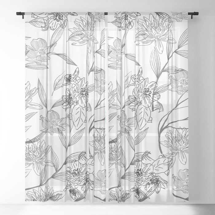 Modern Black White Watercolor Botanical Fl Sheer Curtain By Eclectic Art Modern Black White Watercolor Botanical Fl Sheer Curtain By Eclectic Art