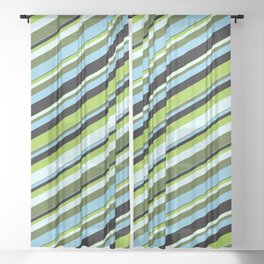 [ Thumbnail: Colorful Green, Light Cyan, Dark Olive Green, Sky Blue & Black Colored Lines/Stripes Pattern Sheer Curtain ]