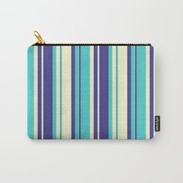 [ Thumbnail: Dark Slate Blue, Turquoise & Light Yellow Colored Striped/Lined Pattern Carry-All Pouch ]