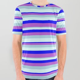 [ Thumbnail: Blue, Orchid, Light Blue & Light Cyan Colored Pattern of Stripes All Over Graphic Tee ]