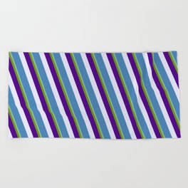 [ Thumbnail: Vibrant Dark Sea Green, Green, Indigo, Lavender, and Blue Colored Pattern of Stripes Beach Towel ]