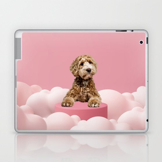 Goldendoodle Laying on Pastel Pink Podium with Cloud Laptop & iPad Skin