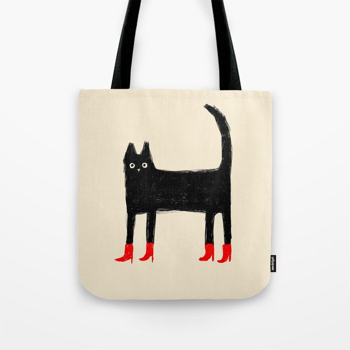 Black Cat in Red Boots Tote Bag