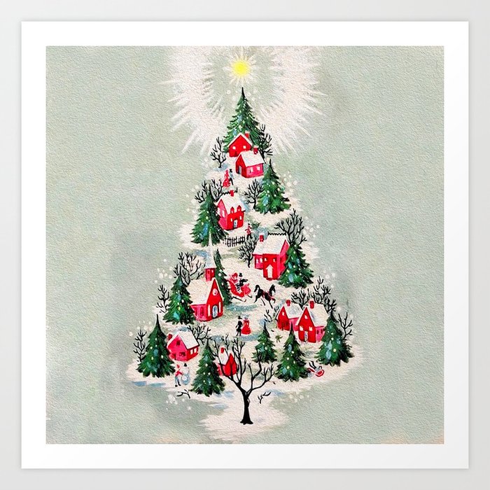Vintage Christmas Tree Village Art Print