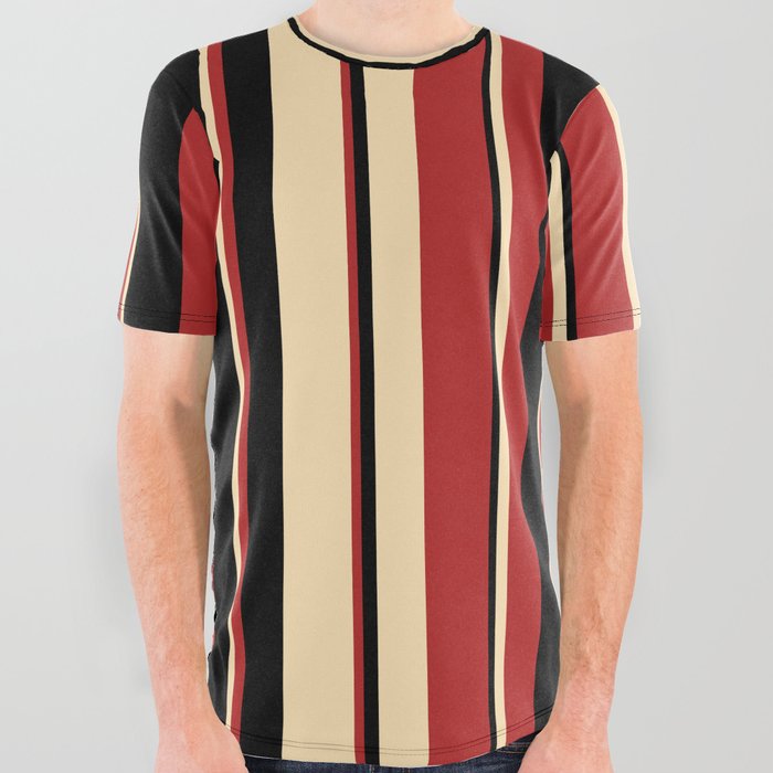 Beige, Red, and Black Colored Striped Pattern All Over Graphic Tee