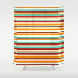 [ Thumbnail: Eye-catching Mint Cream, Aquamarine, Red, Tan & Dark Orange Colored Striped Pattern Shower Curtain ]