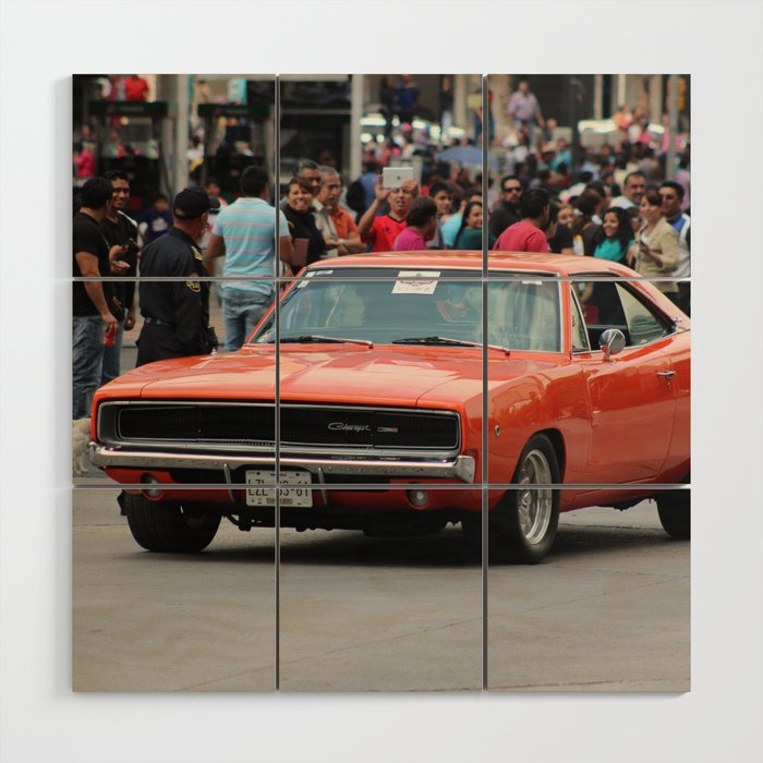 Hugger orange vintage Charger RT American muscle car automobile transportation color photograph - photography poster posters Wood Wall Art