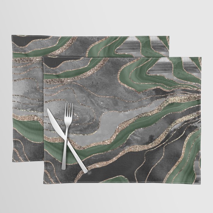 Green Black Marble Agate Gold Glitter Glam #1 (Faux Glitter) #decor #art #society6 Placemat