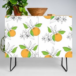 Orange tree branch with leaves, flowers and fruits. Cut orange.Pattern  Credenza