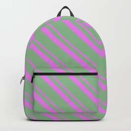 [ Thumbnail: Violet & Dark Sea Green Colored Striped/Lined Pattern Backpack ]