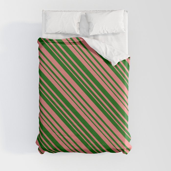 Dark Green & Light Coral Colored Lined/Striped Pattern Duvet Cover