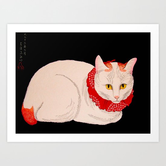Shotei Takahashi White Cat In Red Outfit Black Background Vintage