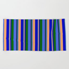 [ Thumbnail: Brown, Blue, Dark Green, and Royal Blue Colored Lines Pattern Beach Towel ]