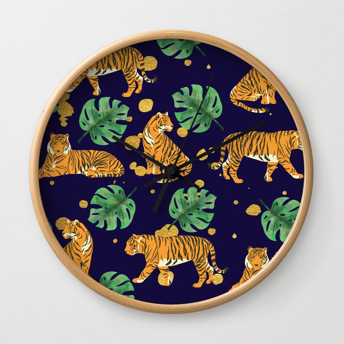 Modern Trendy Jungle Monstera and Tigers with Gold Spots Pattern Wall Clock