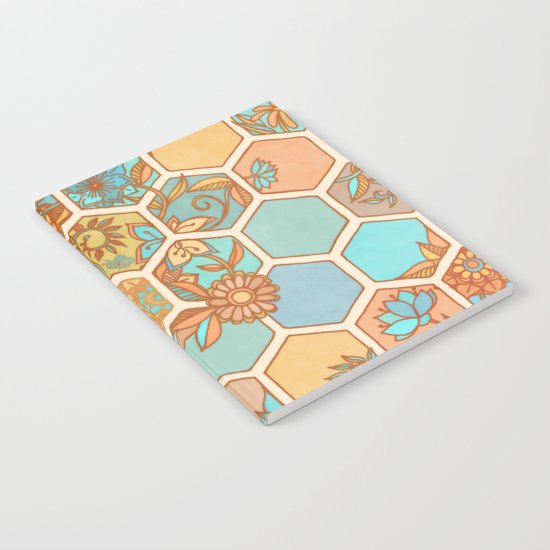 Golden Honeycomb Tangle - hexagon doodle in peach, blue, mint & cream Notebook