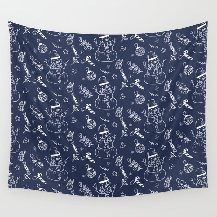 Navy Blue and White Christmas Snowman Doodle Pattern Wall Tapestry