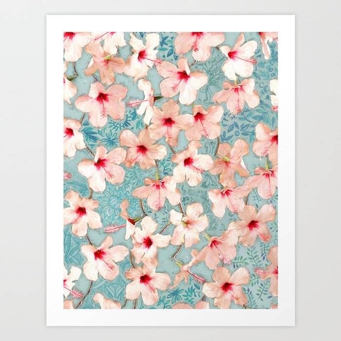 Shabby Chic Hibiscus Patchwork Pattern in Peach & Mint Art Print