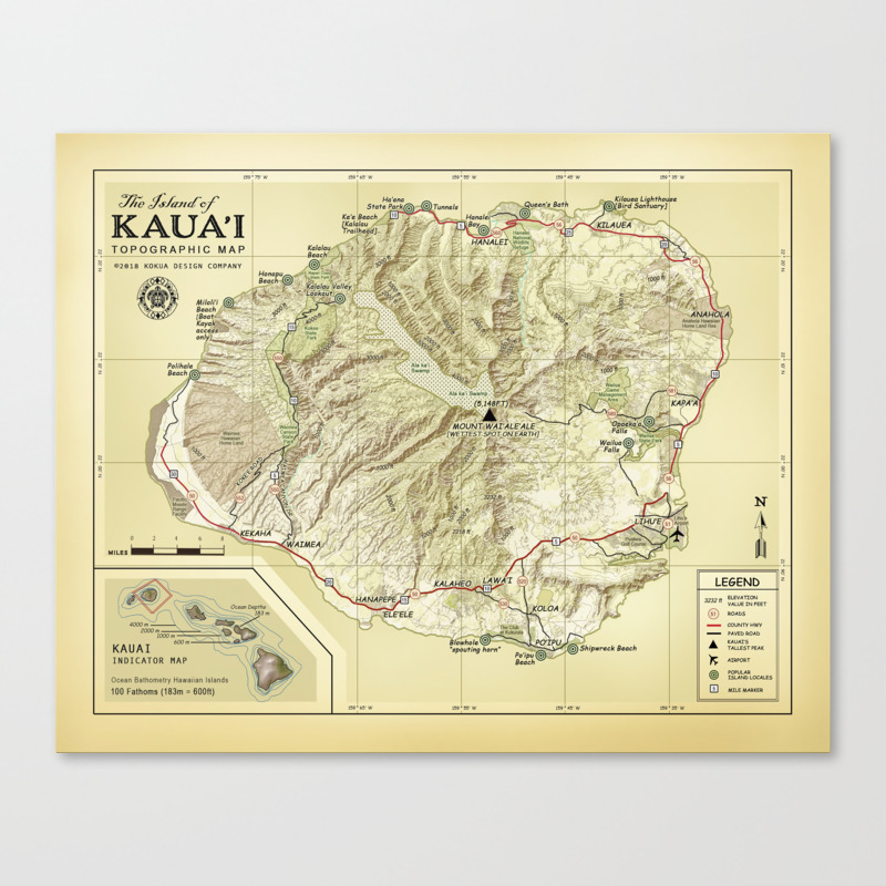 Topographic Map Of Kauai The Island Of Kauai [Vintage Inspired] Topographic Map Canvas Print By  Kokua Design Company | Society6