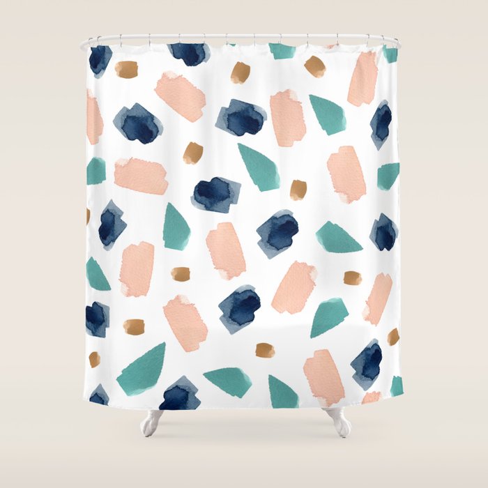 Terrazzo (turquoise, navy, pink & gold) Shower Curtain by Summer Sun