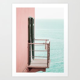 Balcony and Pink Wall to Turquoise Sea | Cinque Terre Italy Art Print