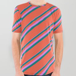 [ Thumbnail: Violet, Teal & Red Colored Lines/Stripes Pattern All Over Graphic Tee ]