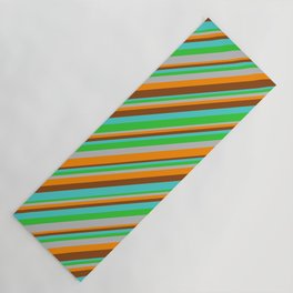 [ Thumbnail: Eye-catching Turquoise, Lime Green, Grey, Dark Orange & Brown Colored Lines/Stripes Pattern Yoga Mat ]