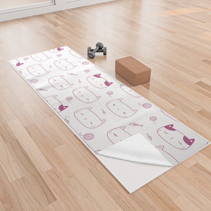 Magenta Doodle Kitten Faces Pattern Yoga Towel