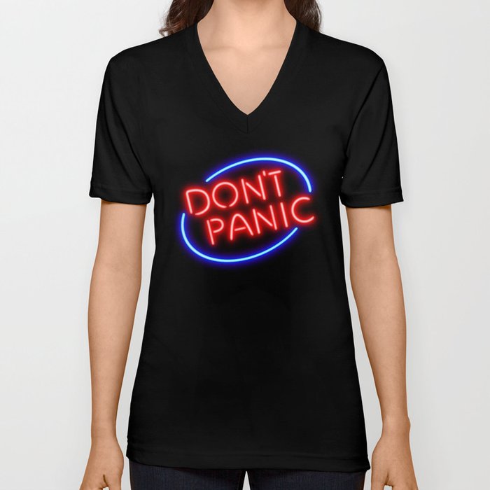 Hitchhiker's Guide - "Don't Panic" Neon Sign V Neck T Shirt