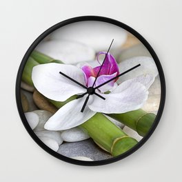 white Orchid flower  and green Bamboo still life Wall Clock