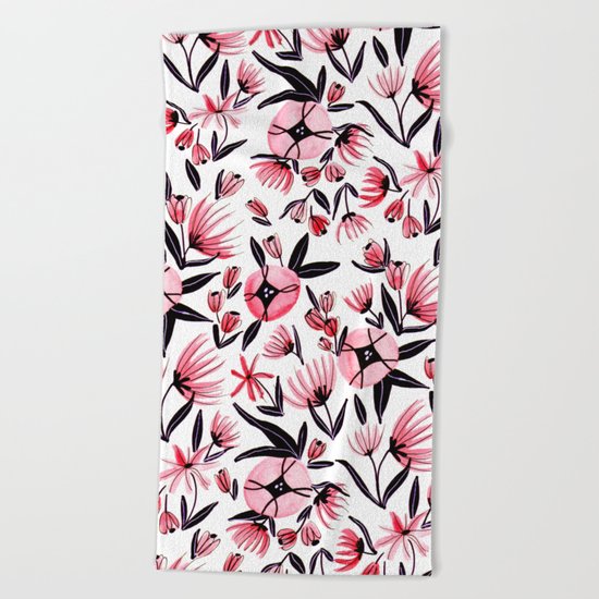 Black and Peach Flowers - Watercolor Pattern Beach Towel
