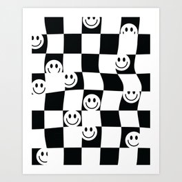 Checker Board Grid Smiley 3 in Monochrome Art Print