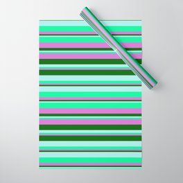 [ Thumbnail: Turquoise, Green, Orchid & Dark Green Colored Striped/Lined Pattern Wrapping Paper ]