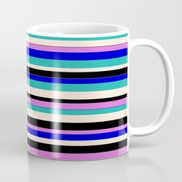 [ Thumbnail: Vibrant Orchid, Blue, Light Sea Green, Beige, and Black Colored Lines Pattern Coffee Mug ]