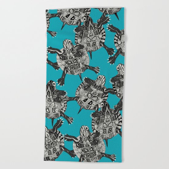 turtle party surf blue Beach Towel