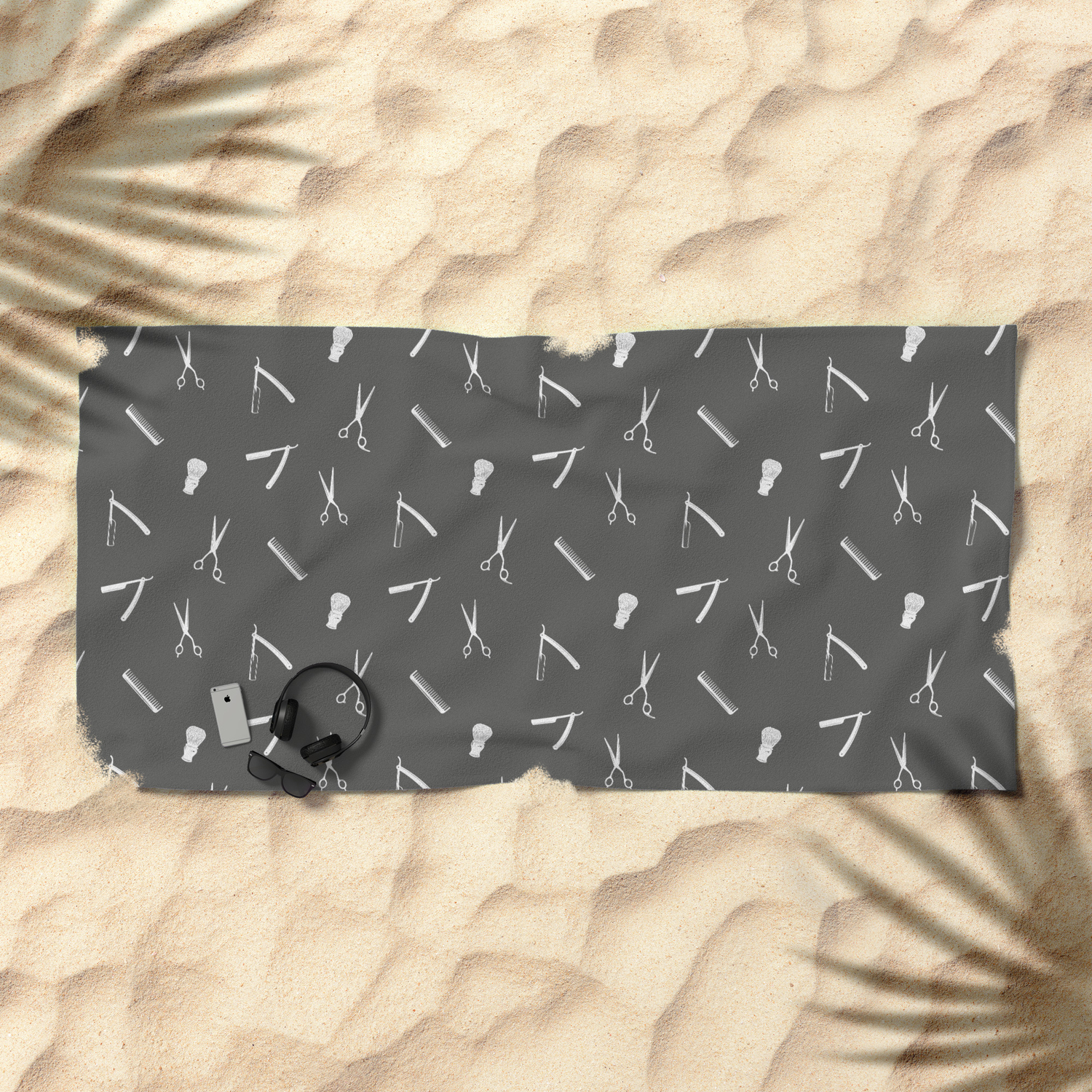 Barbershop Pattern Shaving Razor Brushes And Scissors Beach Towel