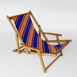 [ Thumbnail: Chocolate and Blue Colored Stripes/Lines Pattern Sling Chair ]