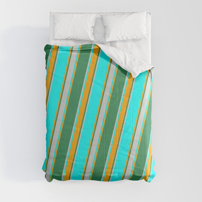 Cyan, Orange, Sea Green, and Light Grey Colored Lined Pattern Comforter