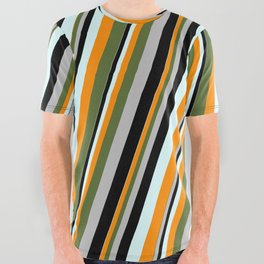 [ Thumbnail: Light Cyan, Dark Orange, Dark Olive Green, Grey, and Black Colored Striped Pattern All Over Graphic Tee ]