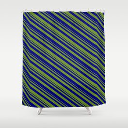 [ Thumbnail: Green & Blue Colored Striped/Lined Pattern Shower Curtain ]