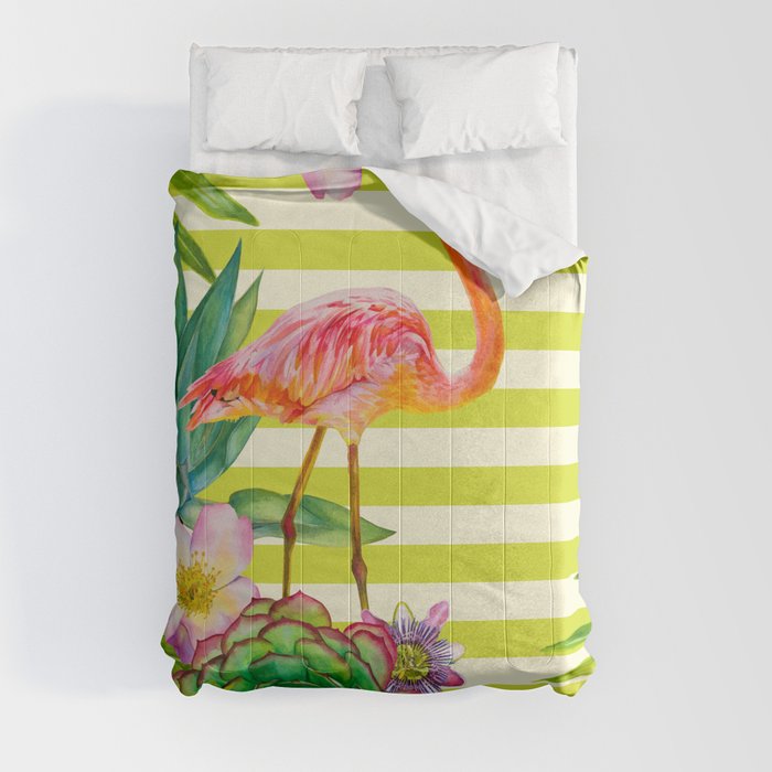 seamless pattern with pink flamingo and exotic tropical plants on a striped background Comforter