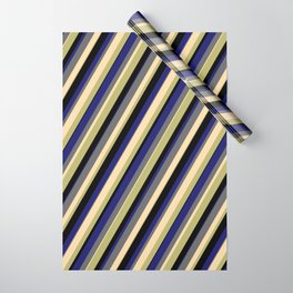 [ Thumbnail: Vibrant Dim Grey, Tan, Dark Khaki, Black, and Midnight Blue Colored Lines Pattern Wrapping Paper ]