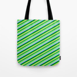 [ Thumbnail: Dark Green, Green, Yellow & Light Sky Blue Colored Lined Pattern Tote Bag ]