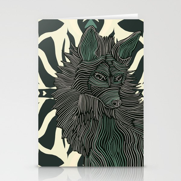 Beautiful decorated fox sitting on a green patterned background Stationery Cards