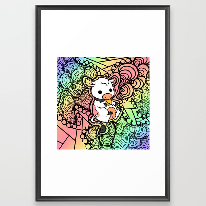 Rainbow Multi-Colored Trippy Cow Design Framed Art Print