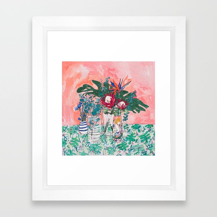 Cockatoo Vase - Bouquet of Flowers on Coral and Jungle Framed Art Print