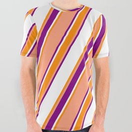 [ Thumbnail: Light Salmon, Purple, White, and Dark Orange Colored Stripes Pattern All Over Graphic Tee ]