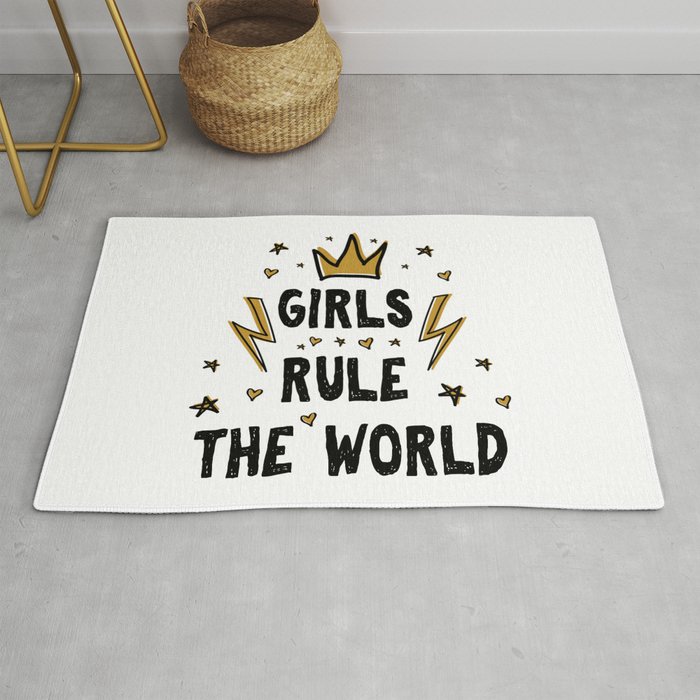 Girls rule the world - funny feminism humor sayings typography illustration with thunder and star Rug