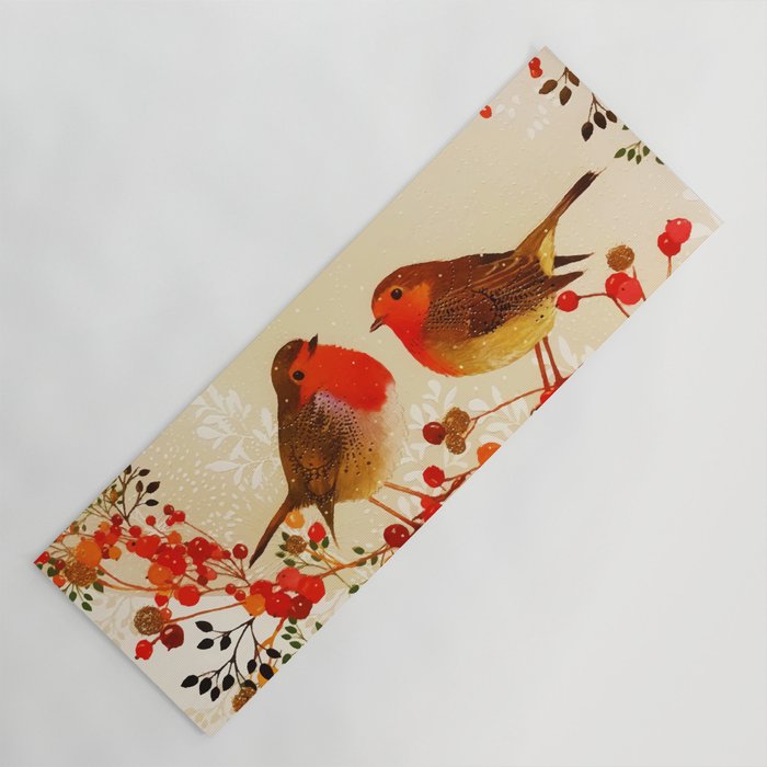 Red Gold Winter Birds Holly Berry Branches Watercolor Yoga Mat