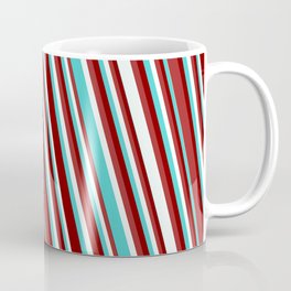 [ Thumbnail: Turquoise, Maroon, Brown & Mint Cream Colored Pattern of Stripes Coffee Mug ]